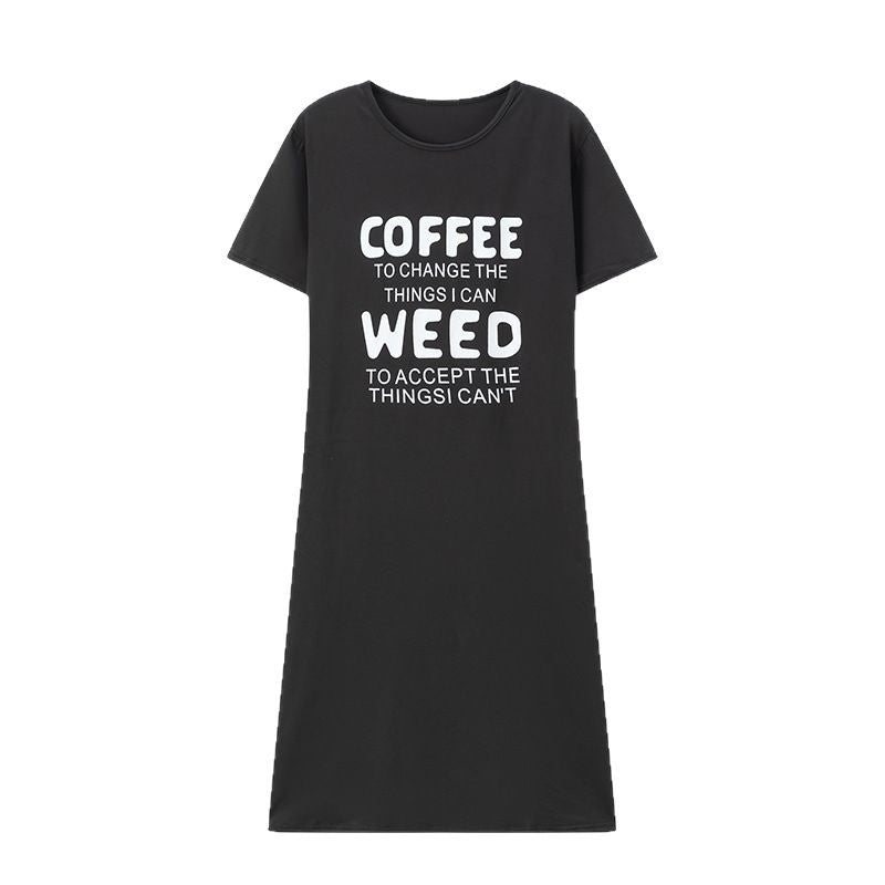 European Women's Fun Coffee Slogan Printed Casual Dress Short Sleeve Round Neck Loose T-Shirt Nightgown Dress
