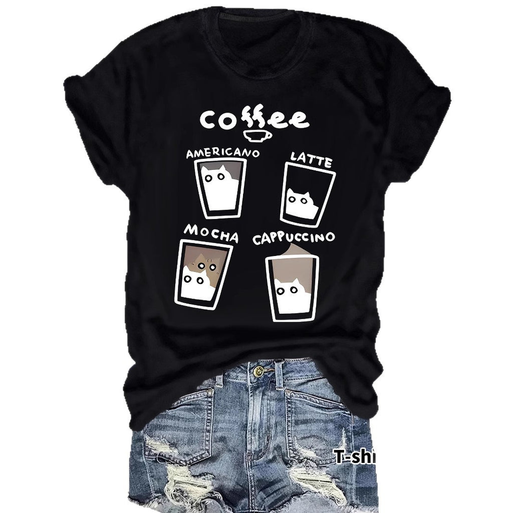 Short sleeved women's t-shirt coffee cup cat pattern print
