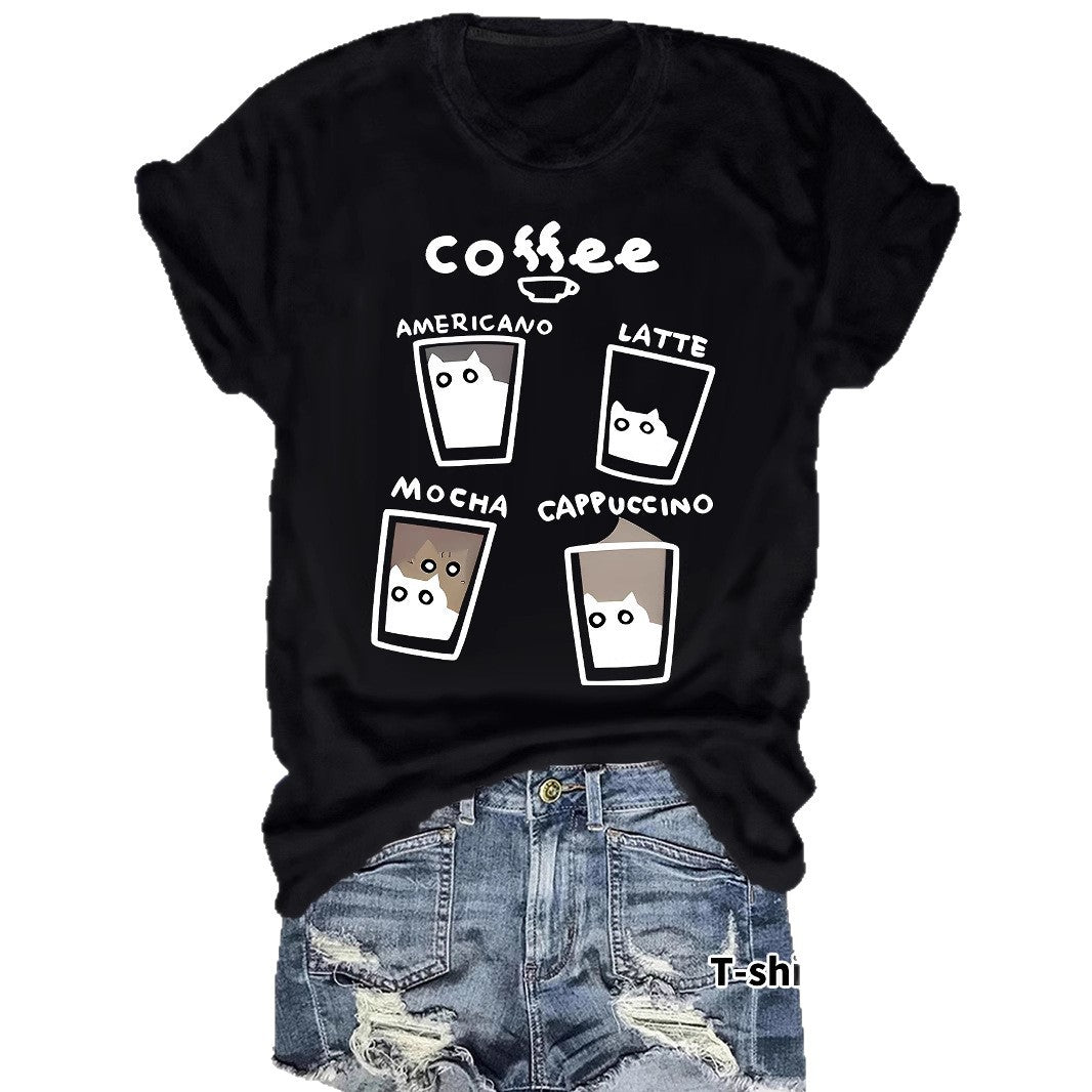 Short sleeved women's t-shirt coffee cup cat pattern print