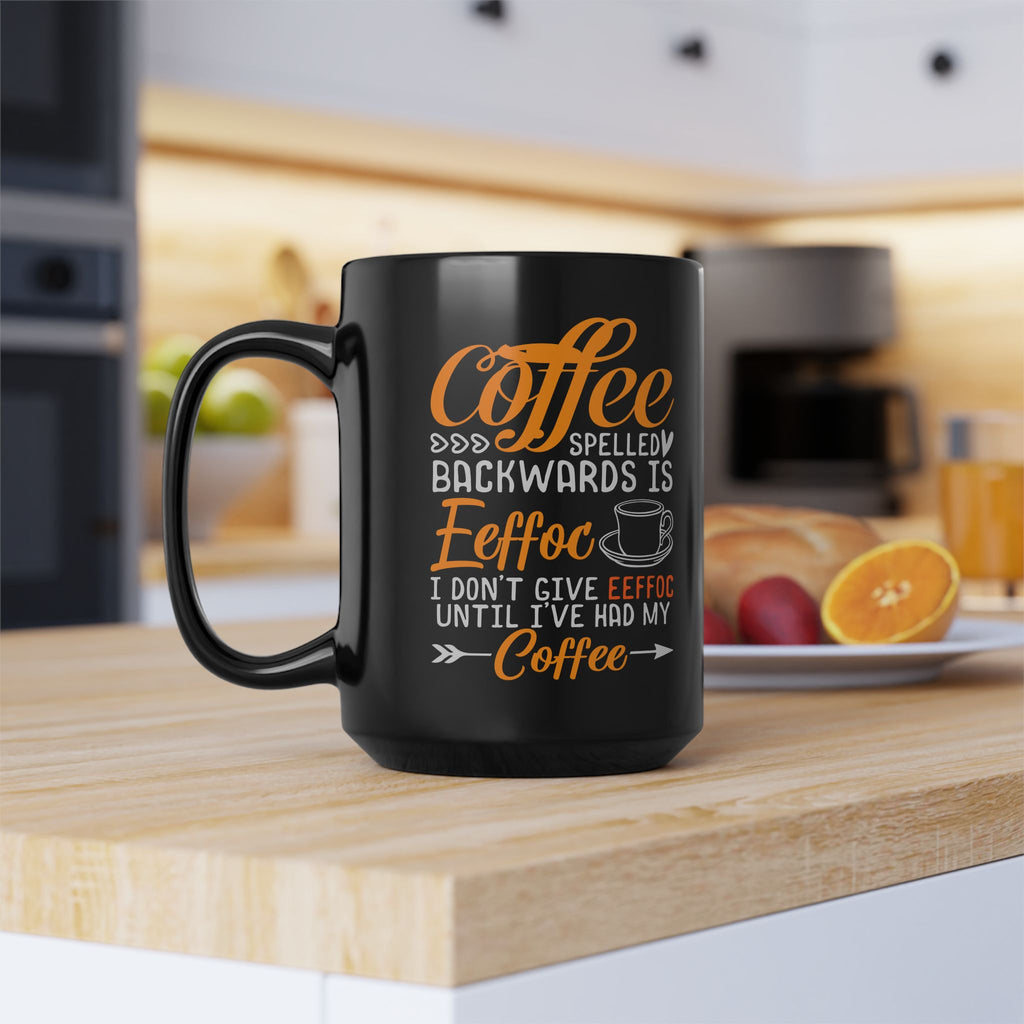 Coffee Mug — “Coffee Spelled Backwards Is Eeffoc” Funny Black Ceramic Mug for Coffee Lovers