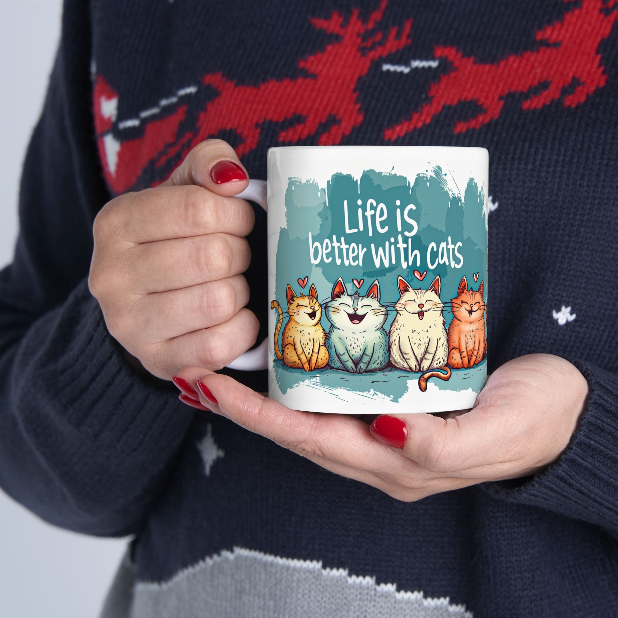 Life Is Better With Cats Mug | Cute Trio Cat Illustration Ceramic Mug