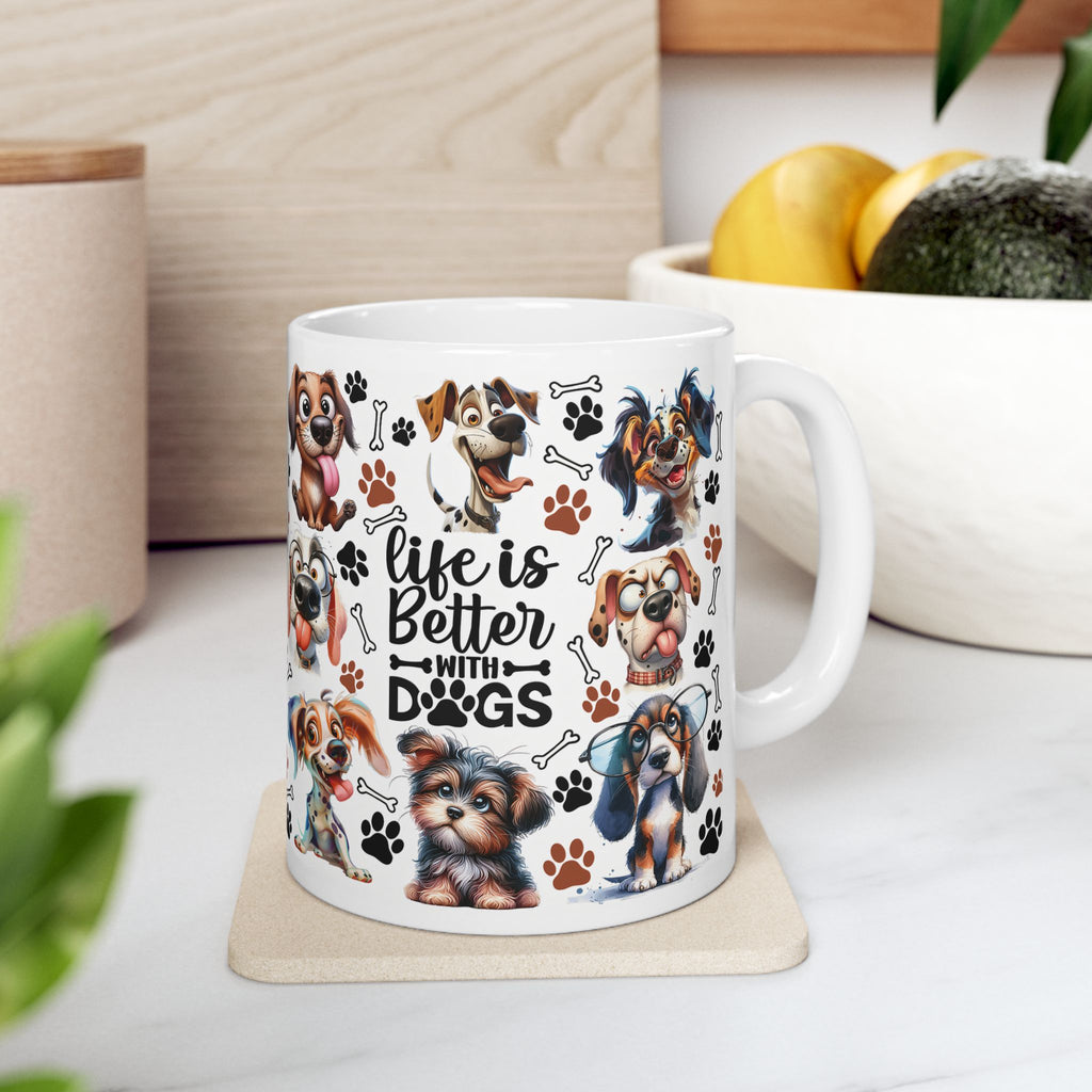Cute Cartoon Puppies Ceramic Mug | Dog Paws Bones Pattern