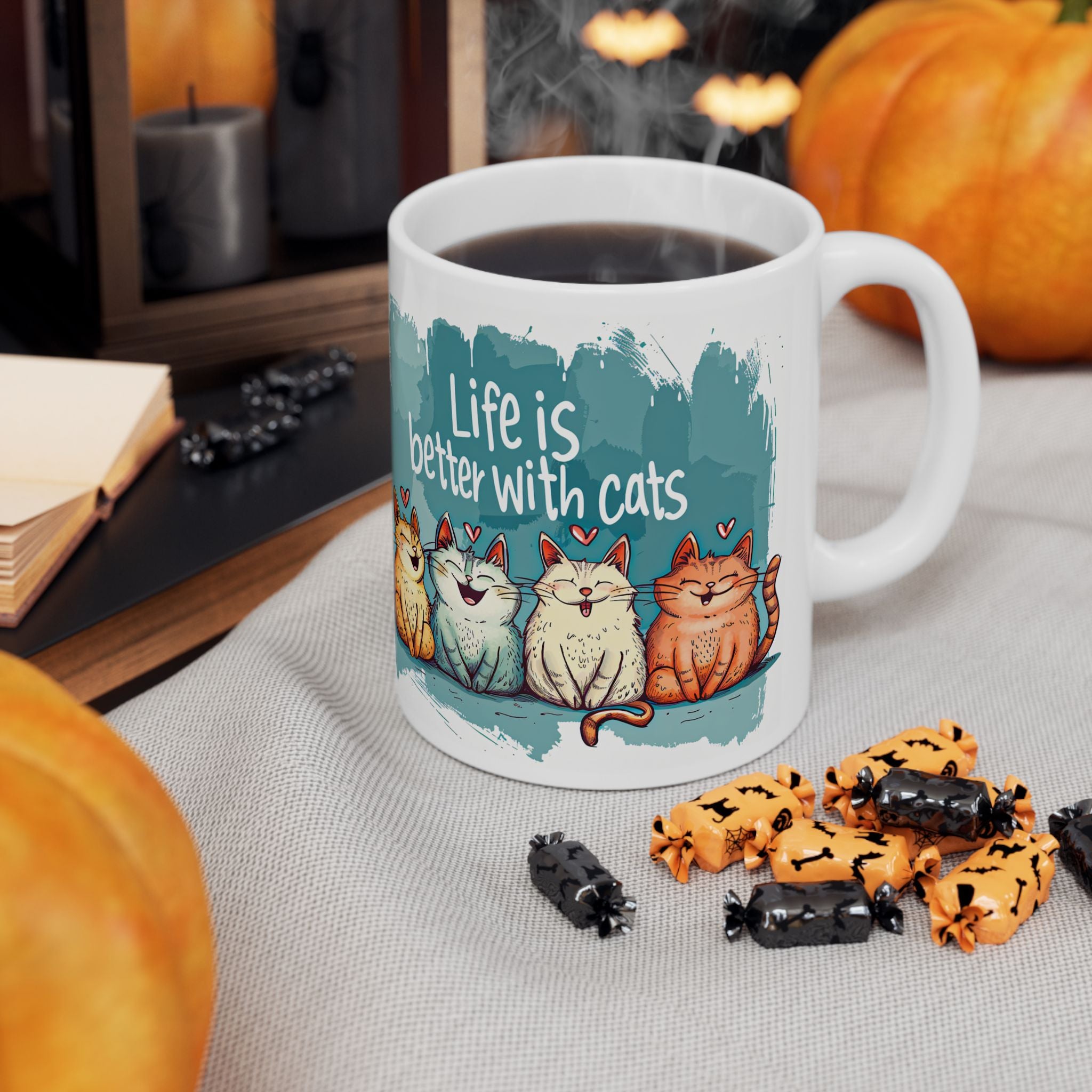 Life Is Better With Cats Mug | Cute Trio Cat Illustration Ceramic Mug