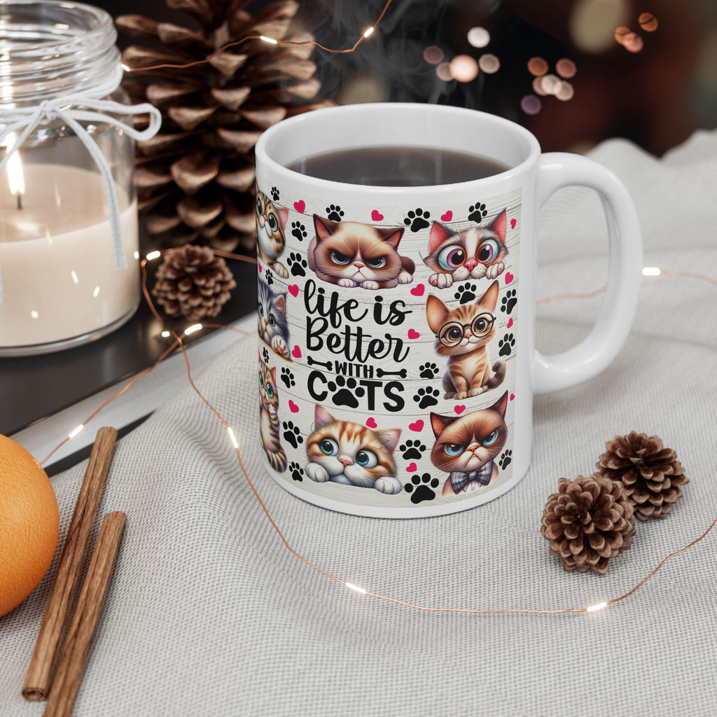 Cute Kawaii Cats Pattern Mug | Cat Paw Prints Ceramic Coffee Cup
