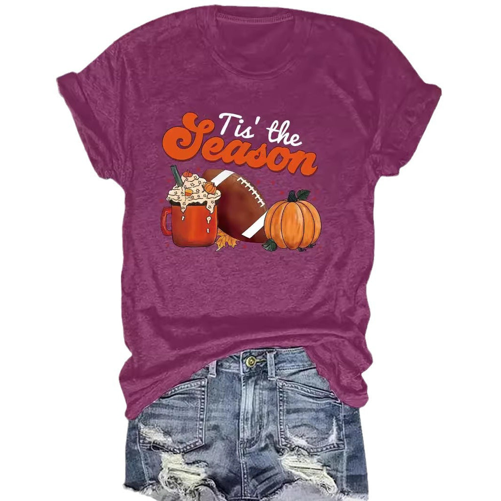 Pumpkin baseball coffee print round neck short sleeved shirt