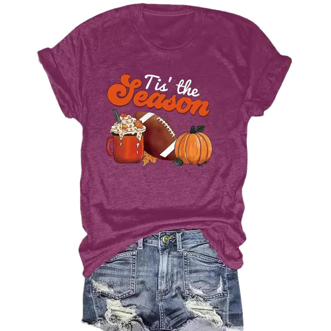 Pumpkin baseball coffee print round neck short sleeved shirt