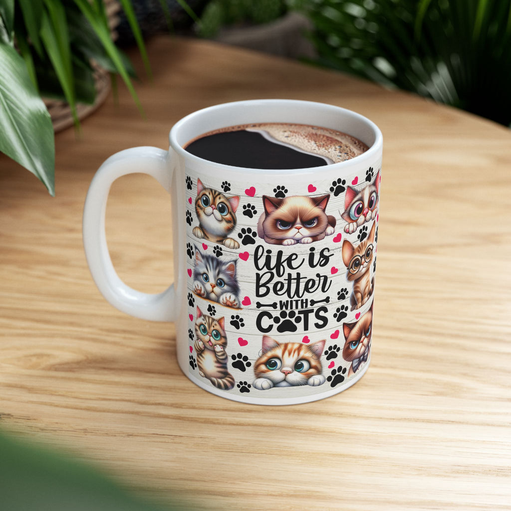 Cute Kawaii Cats Pattern Mug | Cat Paw Prints Ceramic Coffee Cup