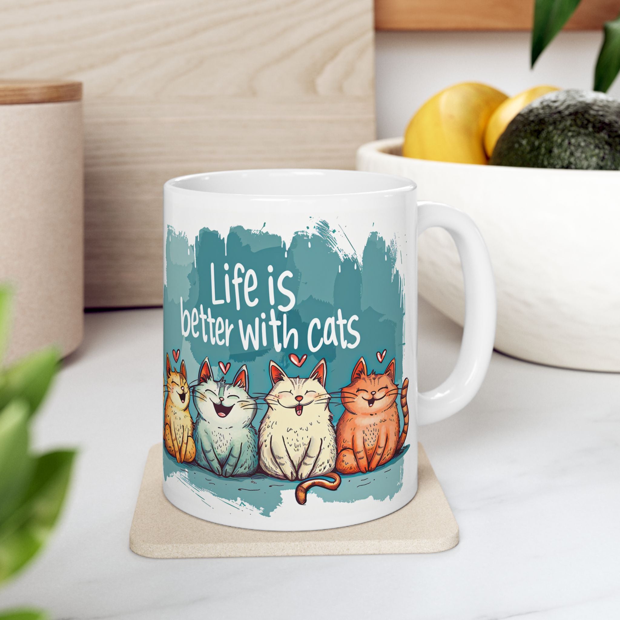Life Is Better With Cats Mug | Cute Trio Cat Illustration Ceramic Mug