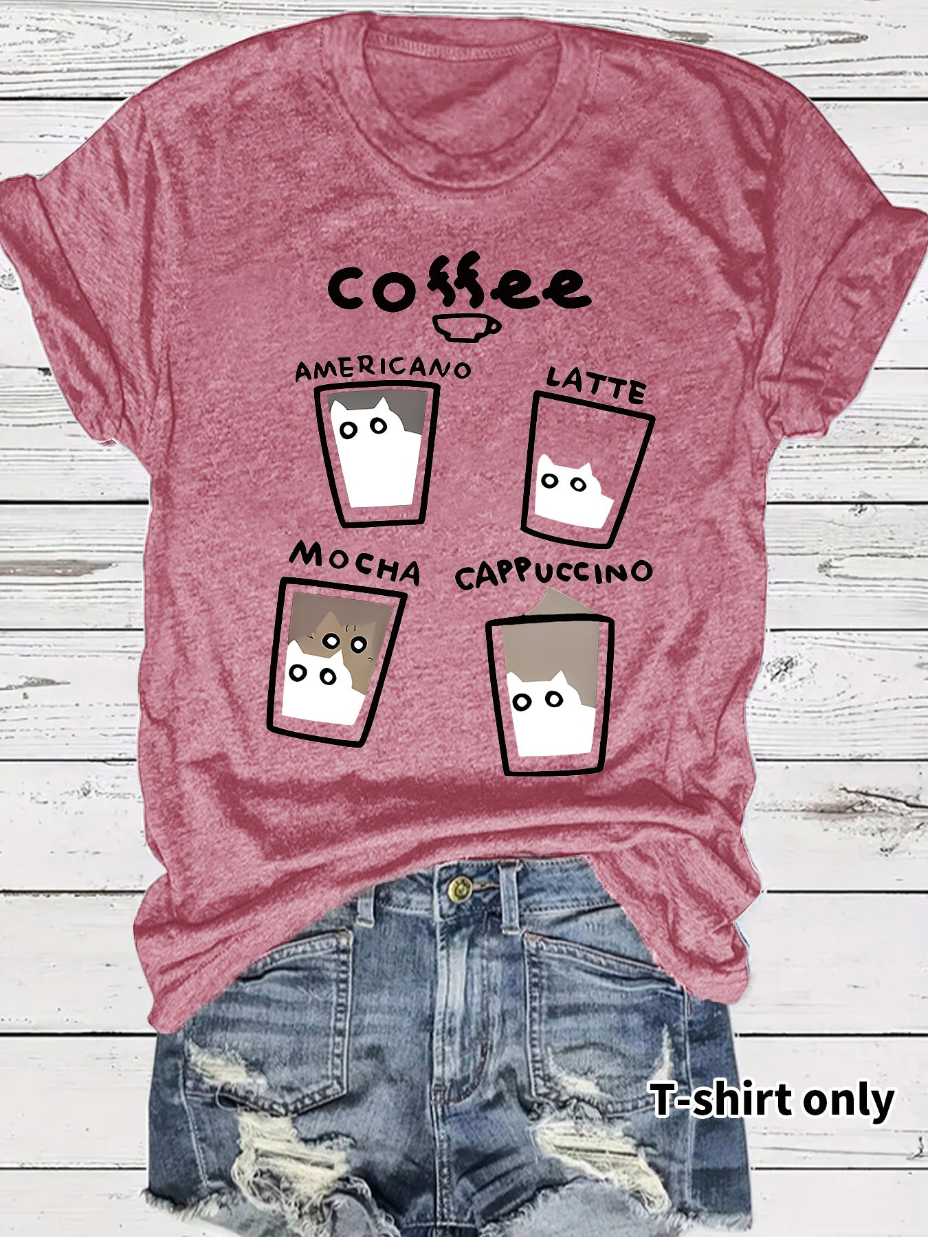 Short sleeved women's t-shirt coffee cup cat pattern print