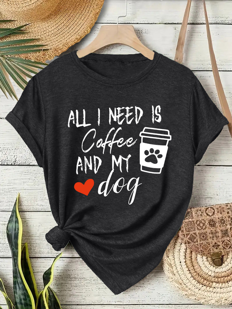 Short sleeved T-shirt with women's coffee and dog pattern round neck short sleeved shirt