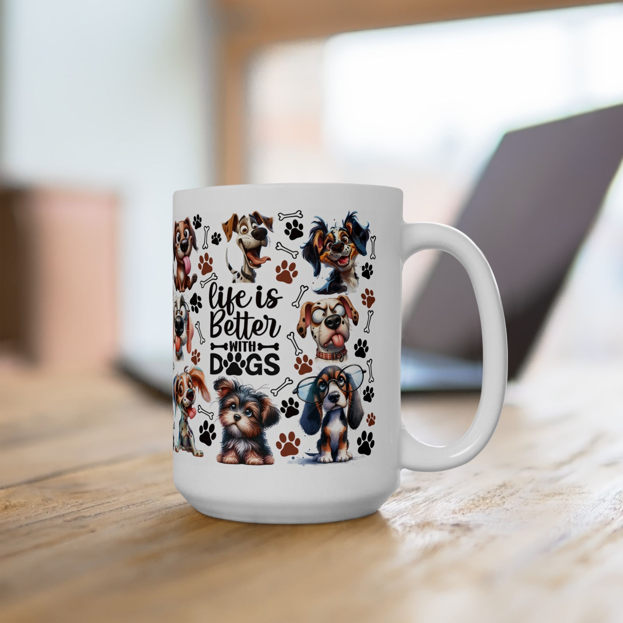 Cute Cartoon Puppies Ceramic Mug | Dog Paws Bones Pattern