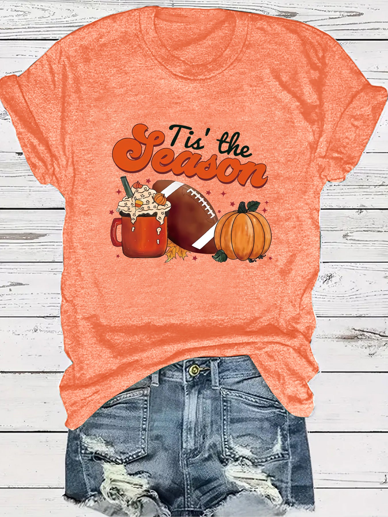 Pumpkin baseball coffee print round neck short sleeved shirt