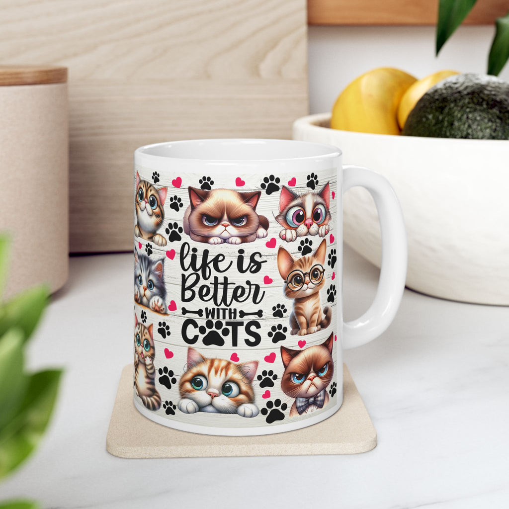 Cute Kawaii Cats Pattern Mug | Cat Paw Prints Ceramic Coffee Cup