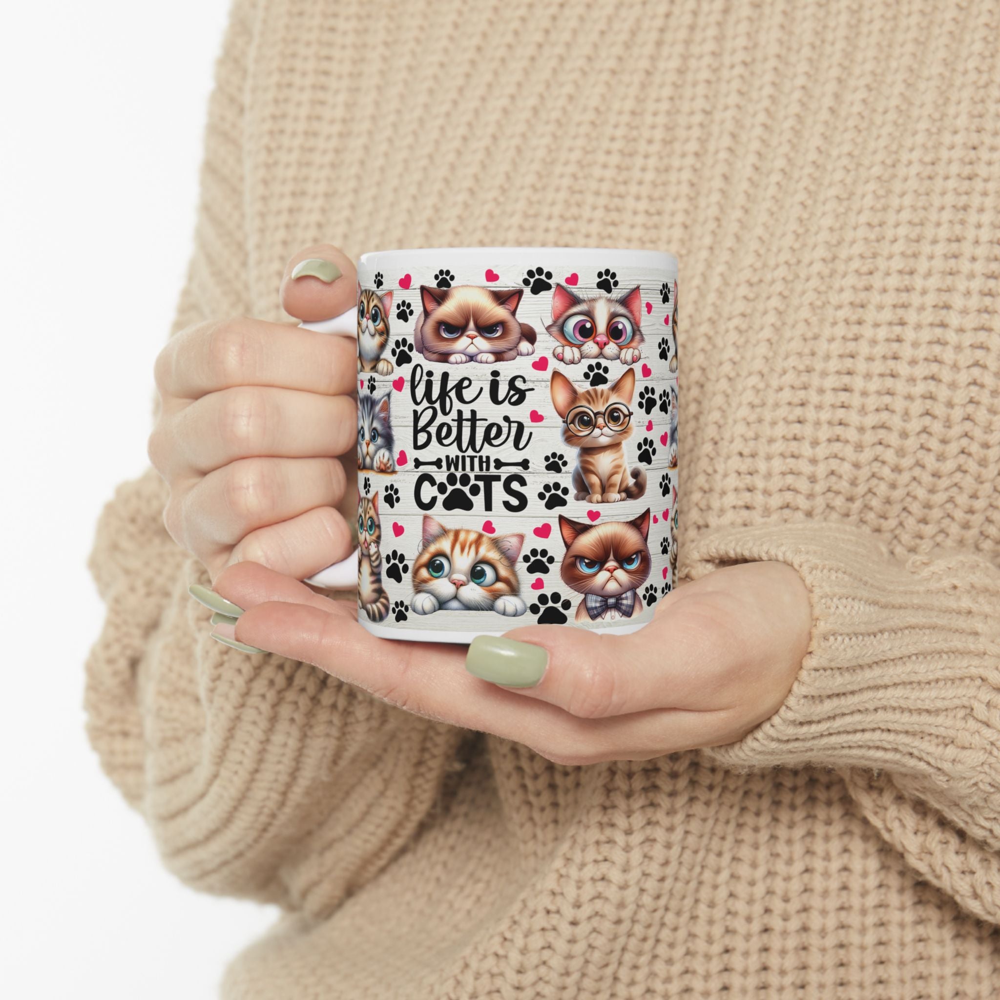 Cute Kawaii Cats Pattern Mug | Cat Paw Prints Ceramic Coffee Cup