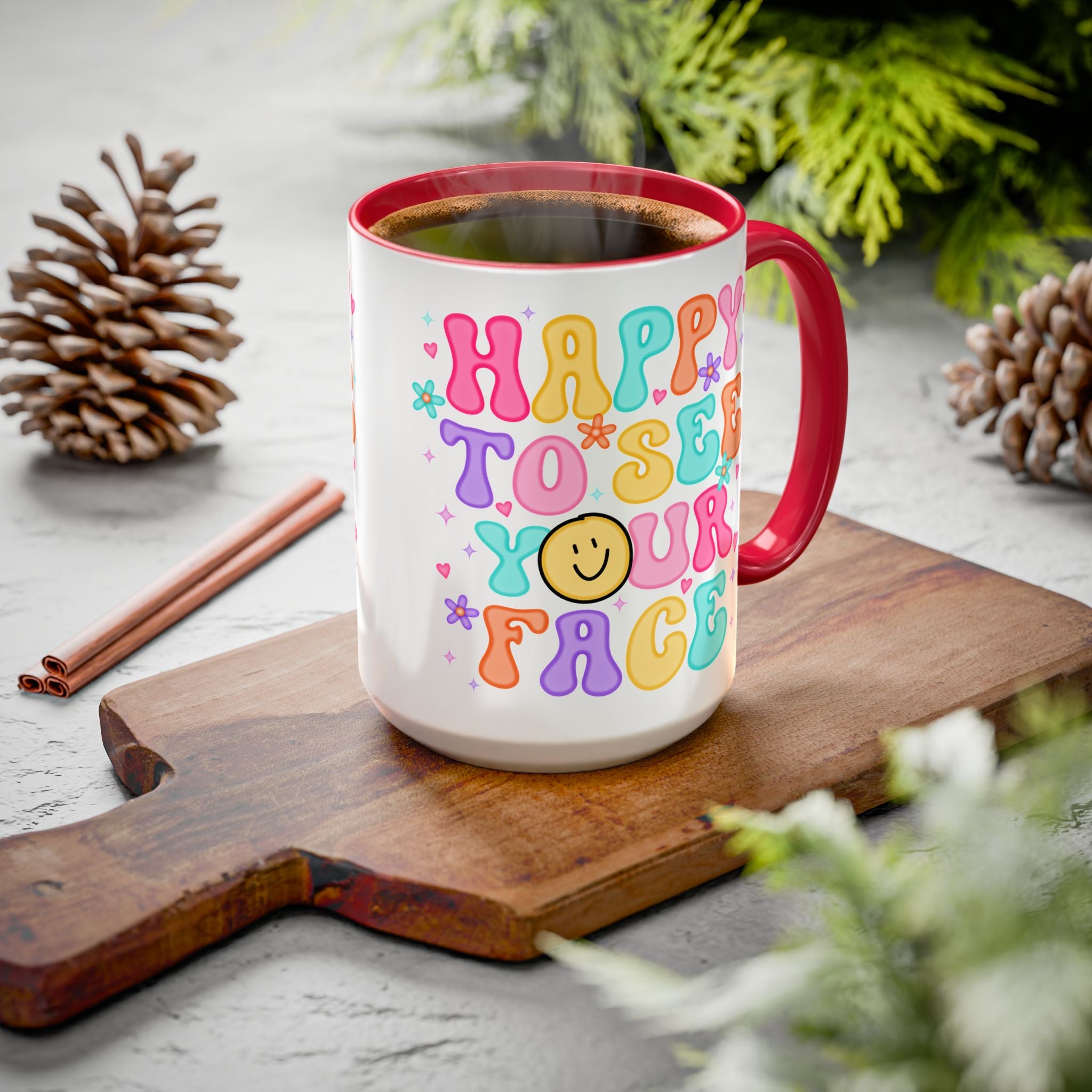 Happy To See Your Face Colorful Coffee Mug — Retro Smiley 11oz/15oz