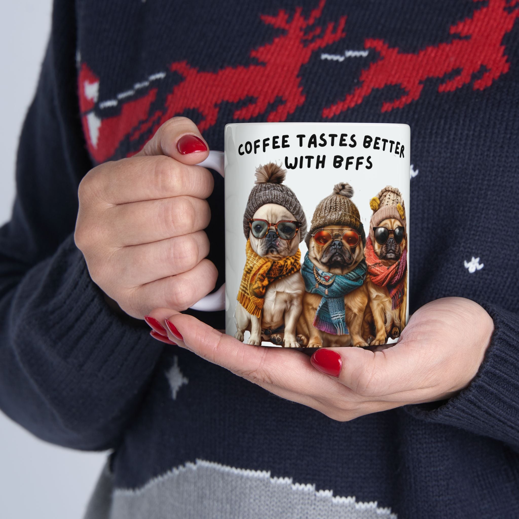 Coffee Mug — "Coffee Tastes Better With Pugs" Cute Pug Winter Beanie Ceramic Mug (11oz, 15oz)