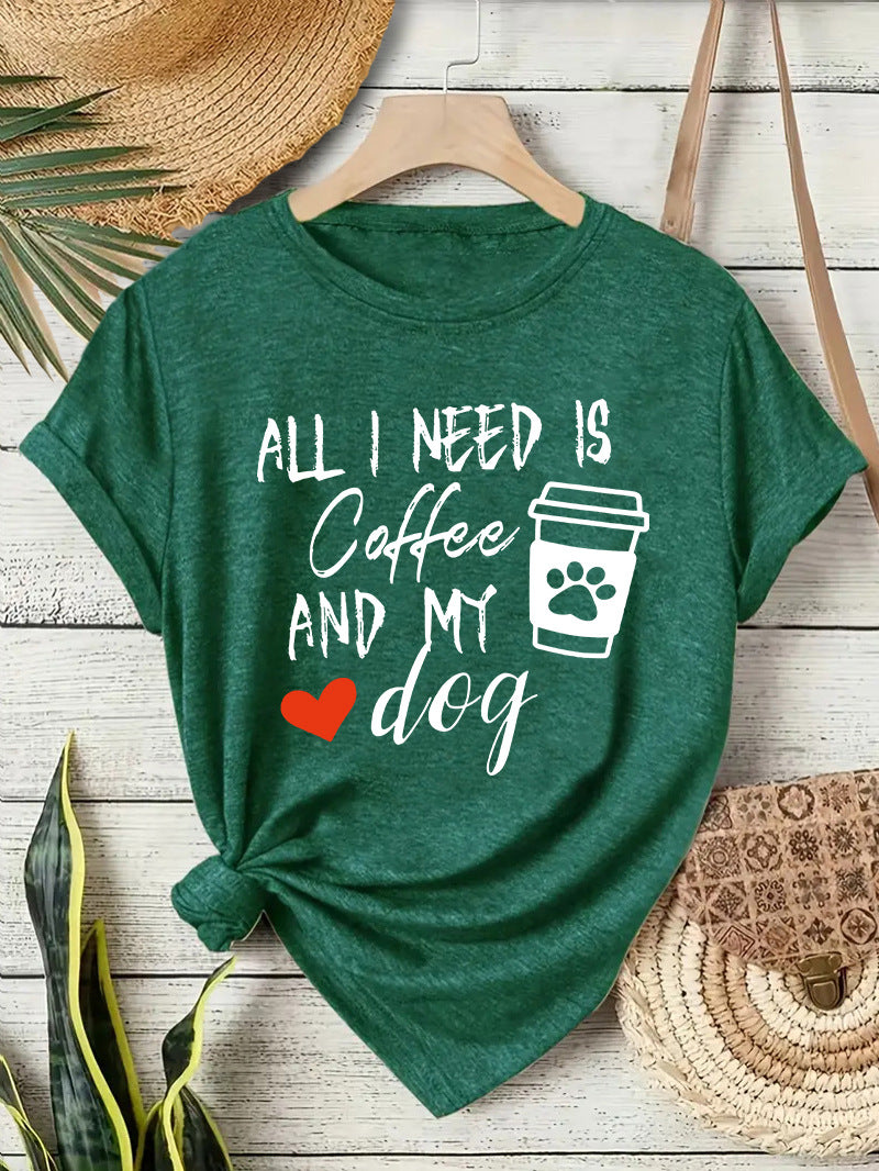 Short sleeved T-shirt with women's coffee and dog pattern round neck short sleeved shirt
