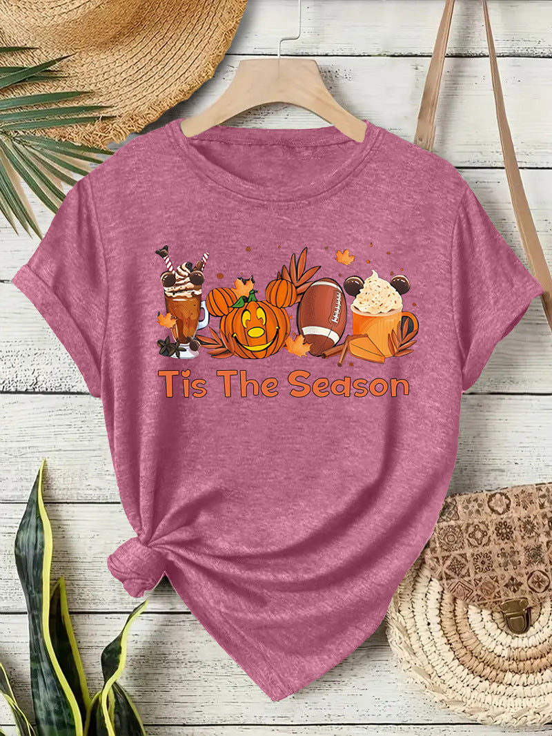 T-shirt pumpkin coffee latte round neck pullover short sleeved shirt