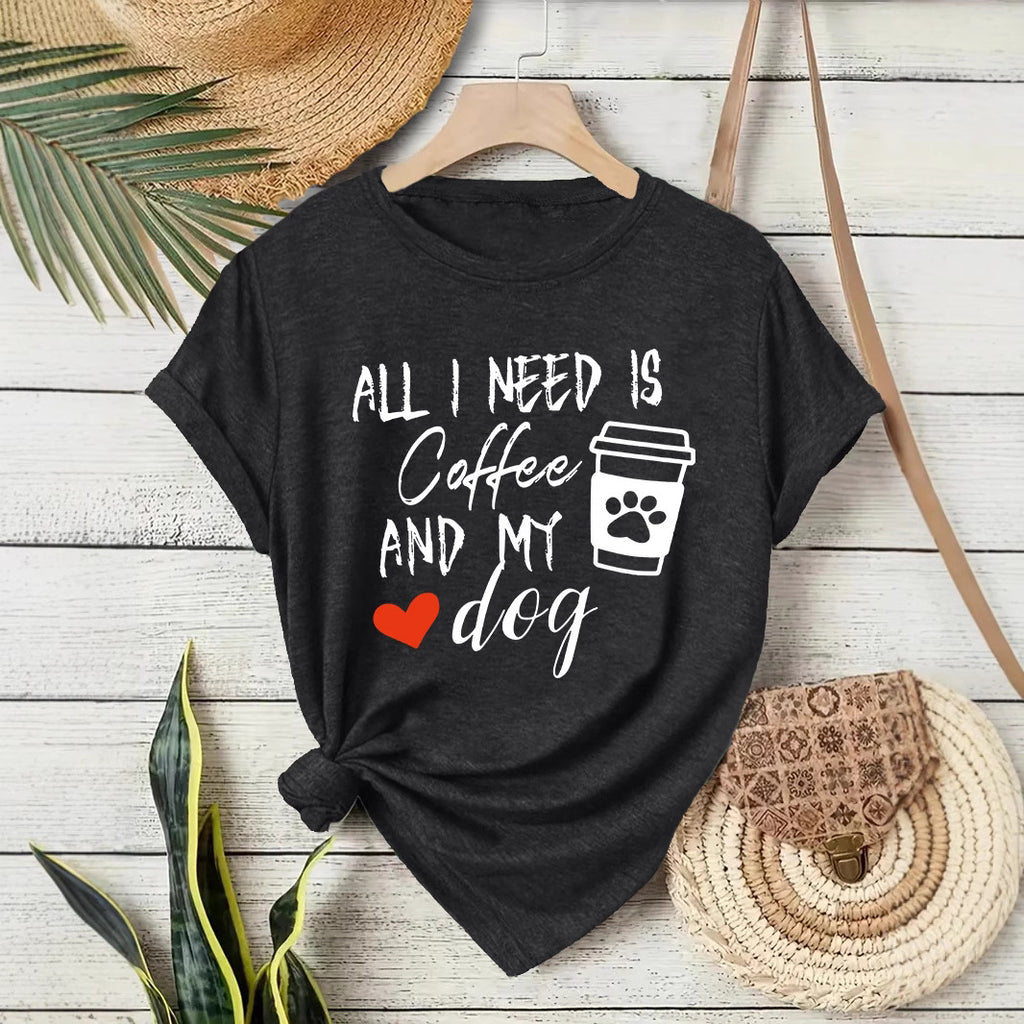 Short sleeved T-shirt with women's coffee and dog pattern round neck short sleeved shirt