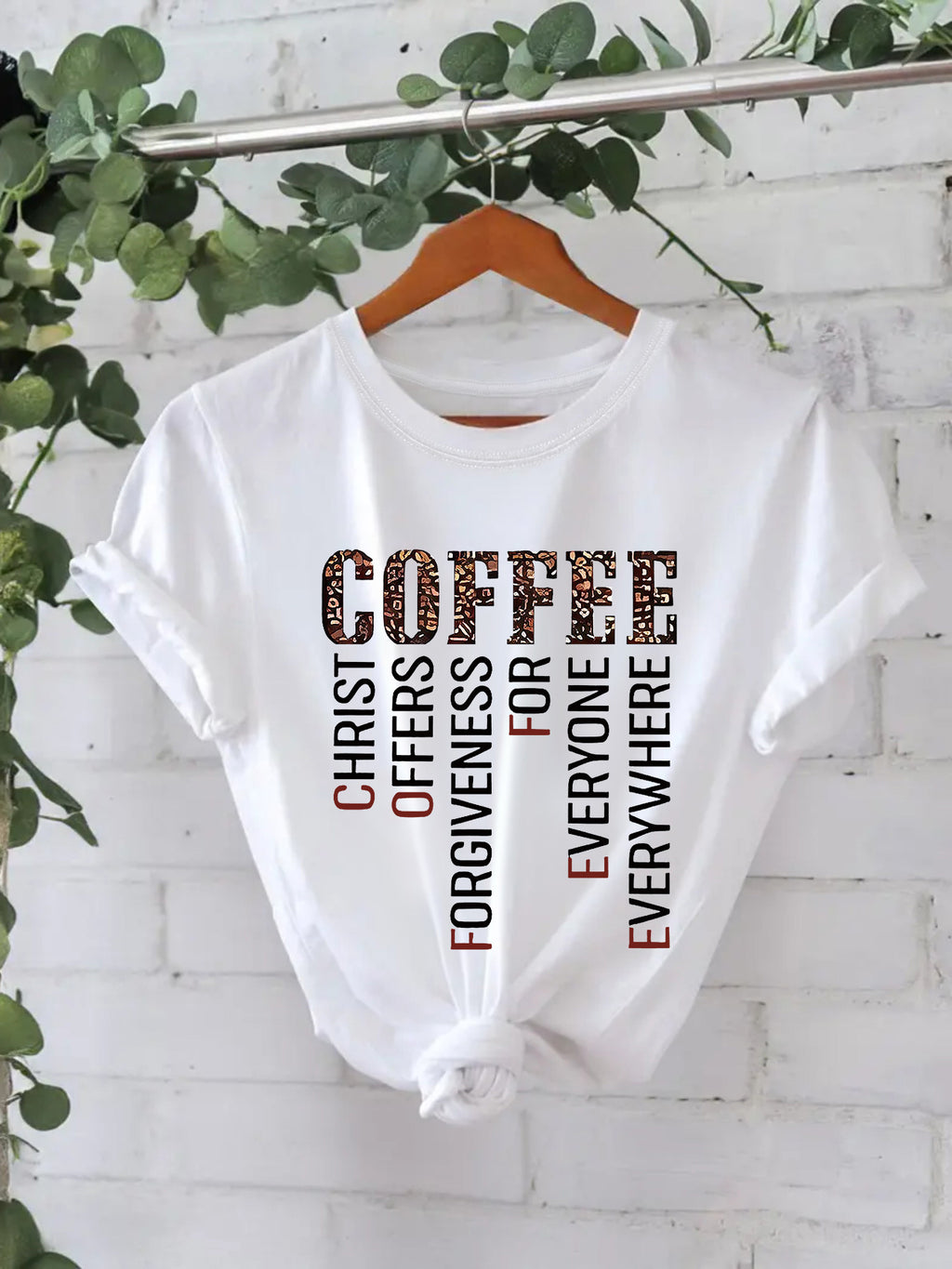 COFFEE printed pure cotton round neck loose short sleeved shirt