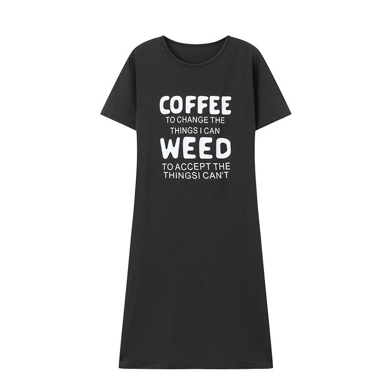 European Women's Fun Coffee Slogan Printed Casual Dress Short Sleeve Round Neck Loose T-Shirt Nightgown Dress
