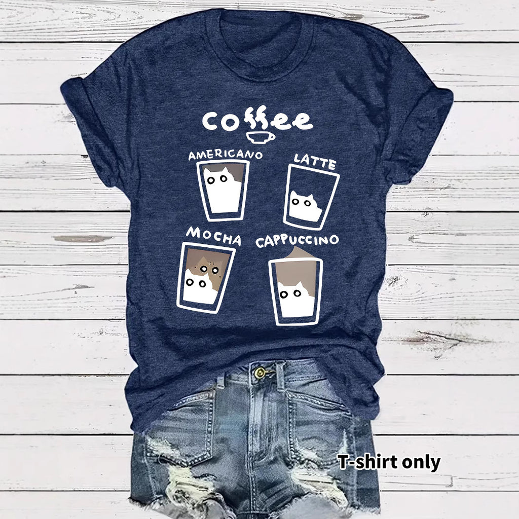 Short sleeved women's t-shirt coffee cup cat pattern print