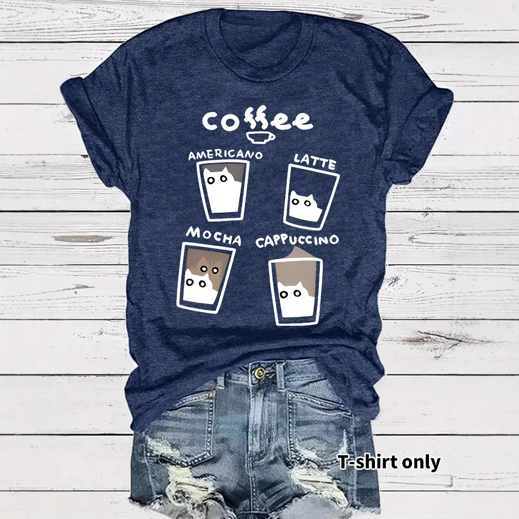 Short sleeved women's t-shirt coffee cup cat pattern print