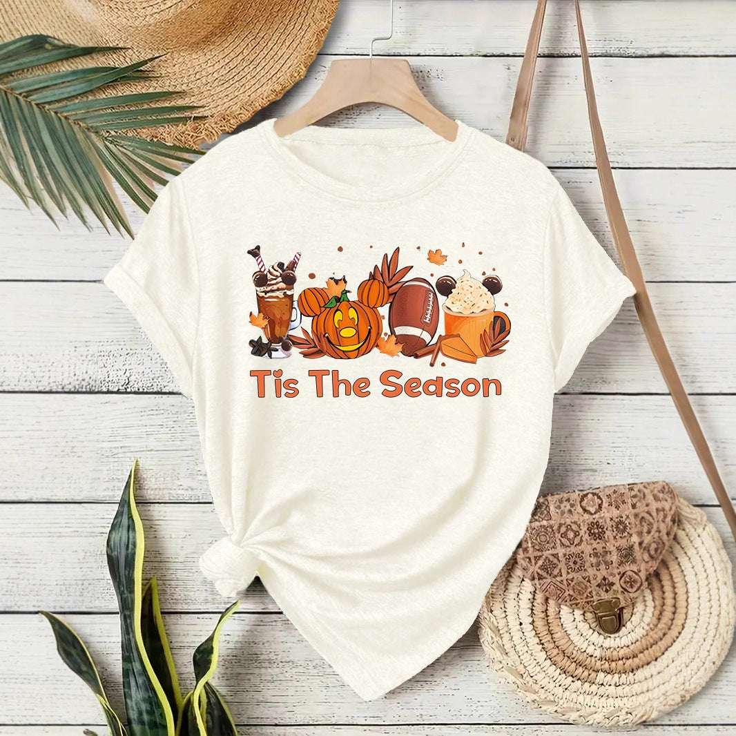 T-shirt pumpkin coffee latte round neck pullover short sleeved shirt