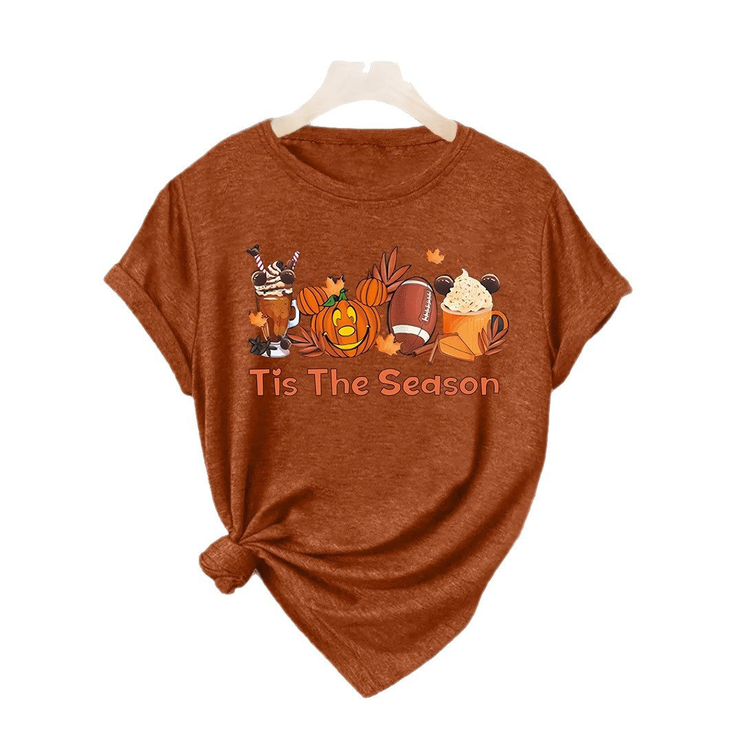 T-shirt pumpkin coffee latte round neck pullover short sleeved shirt