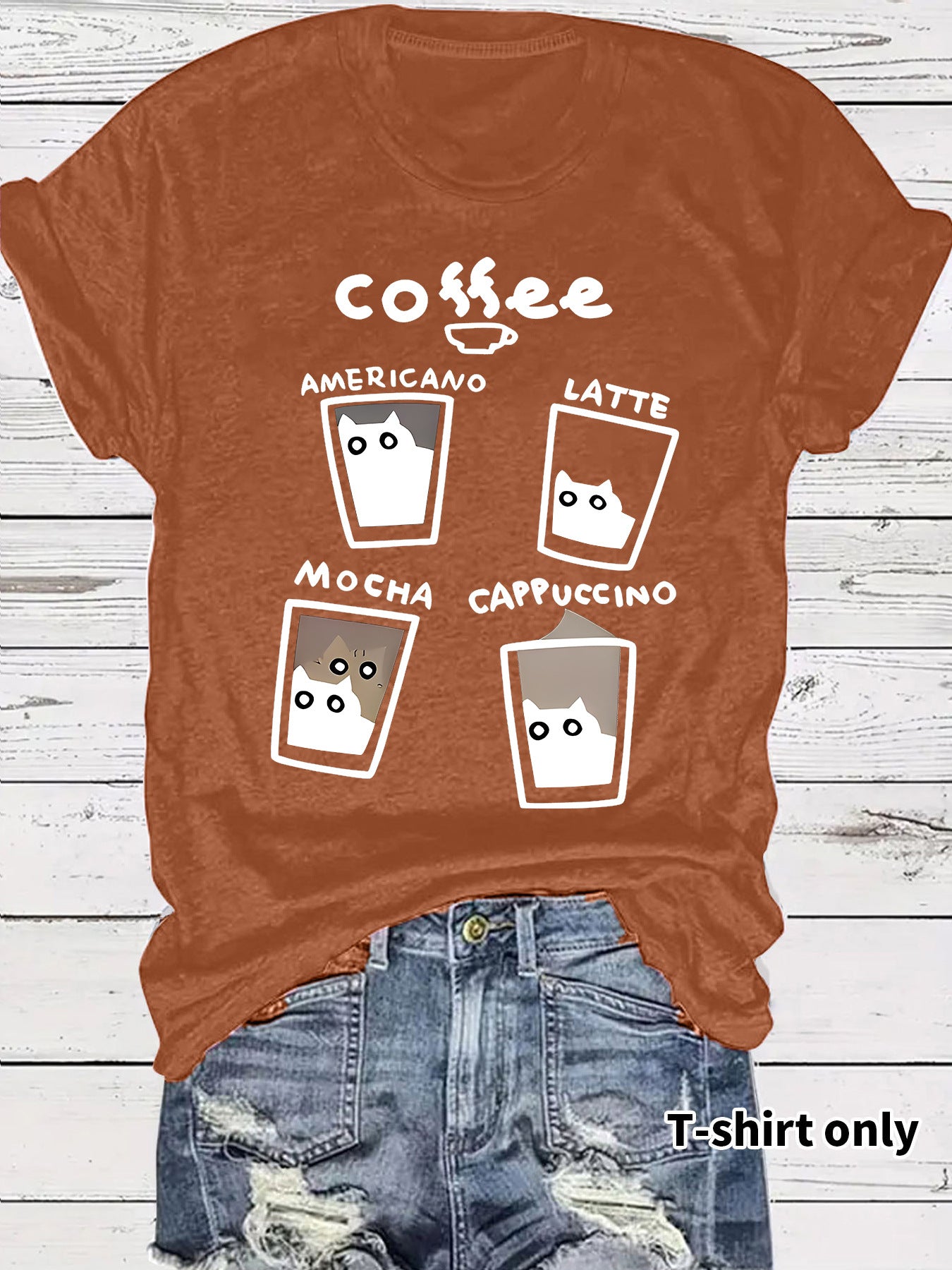 Short sleeved women's t-shirt coffee cup cat pattern print