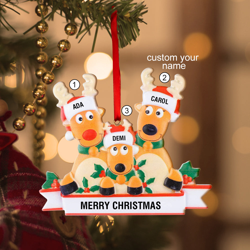 Personalized Reindeer Family Christmas Ornament with Custom Names. Resin material, festive Christmas decoration.