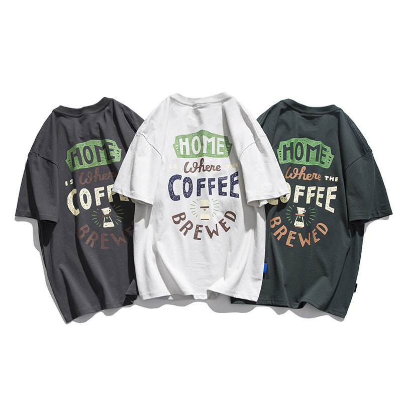 Letter Fun Coffee Cup Printed Short sleeved T-shirt for Men