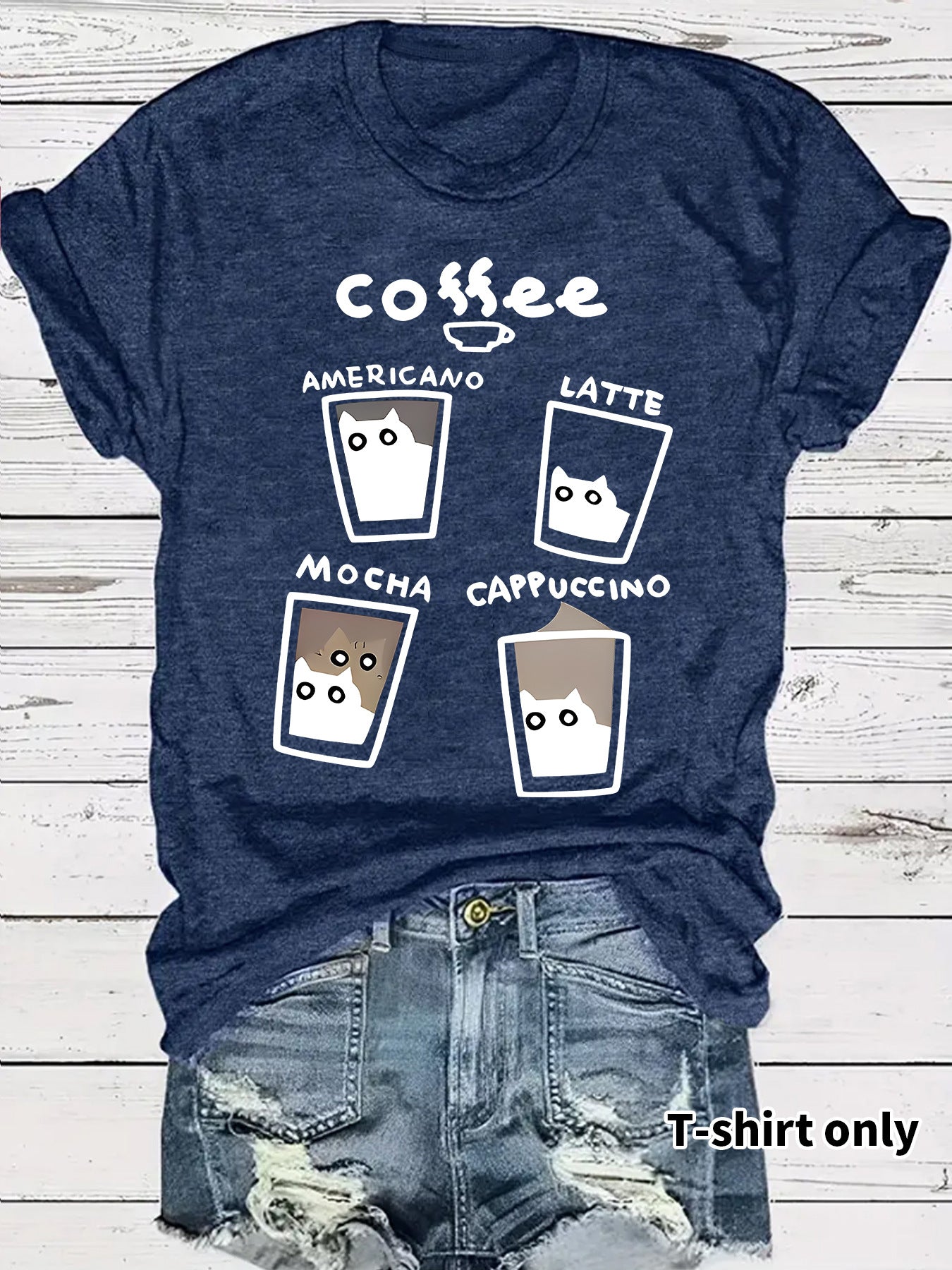 Short sleeved women's t-shirt coffee cup cat pattern print