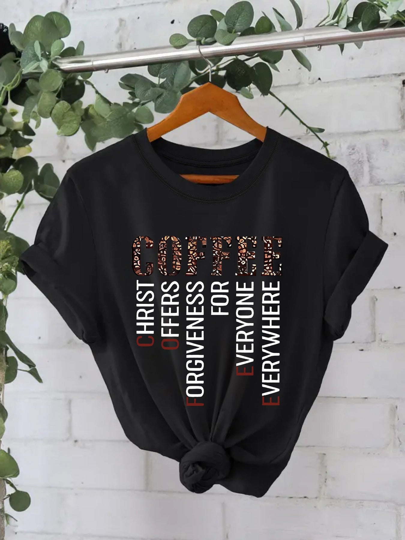 COFFEE printed pure cotton round neck loose short sleeved shirt