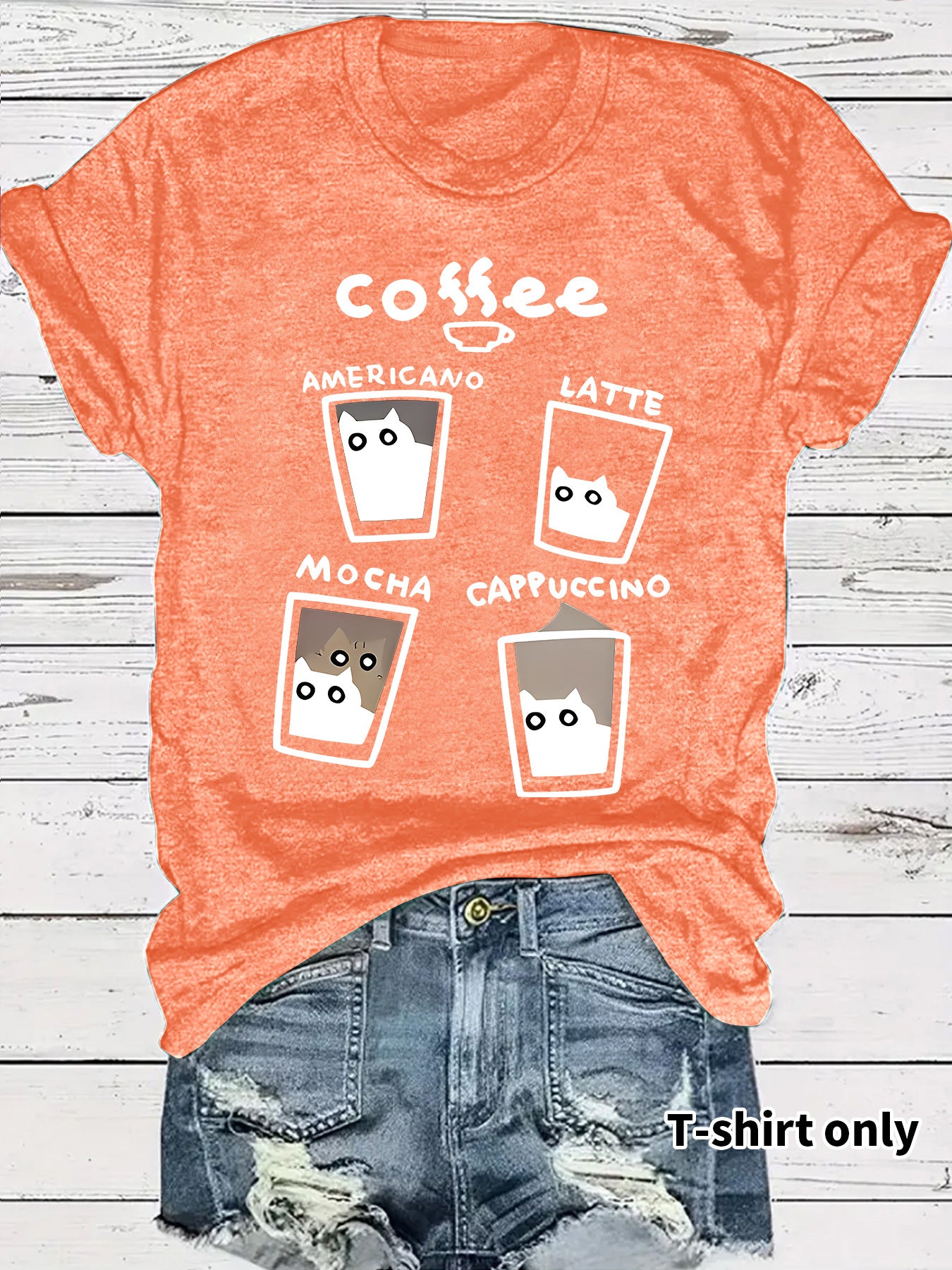Short sleeved women's t-shirt coffee cup cat pattern print