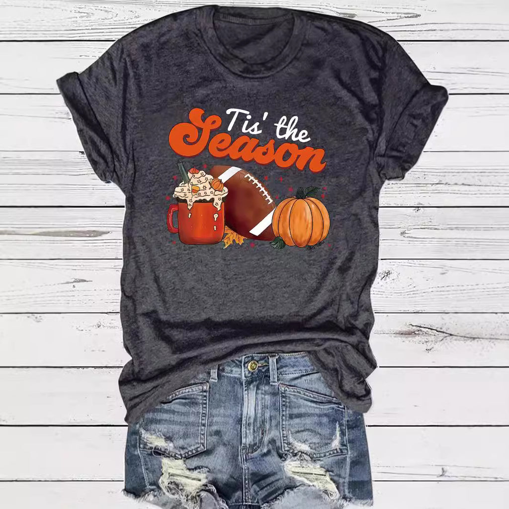 Pumpkin baseball coffee print round neck short sleeved shirt