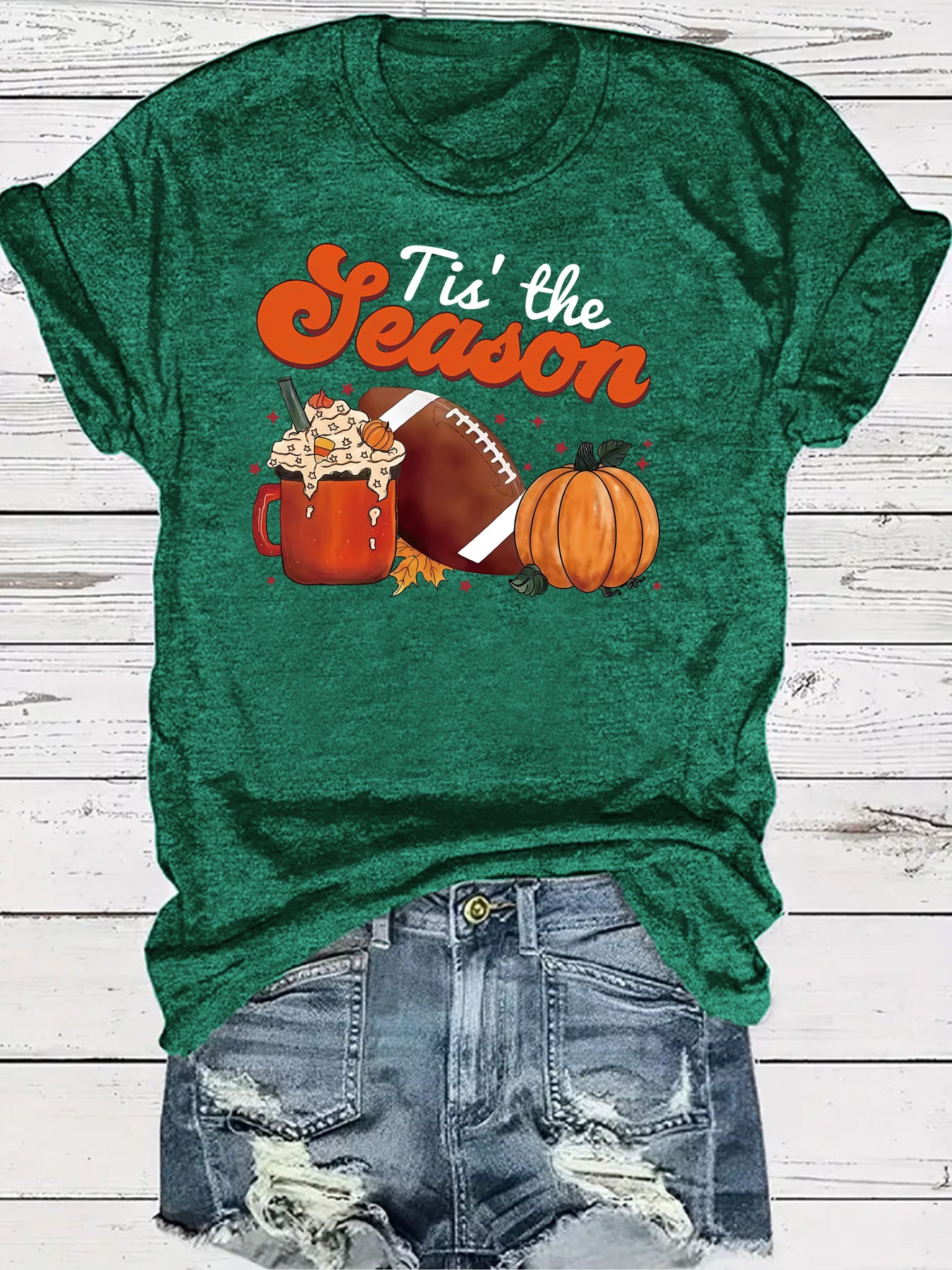 Pumpkin baseball coffee print round neck short sleeved shirt