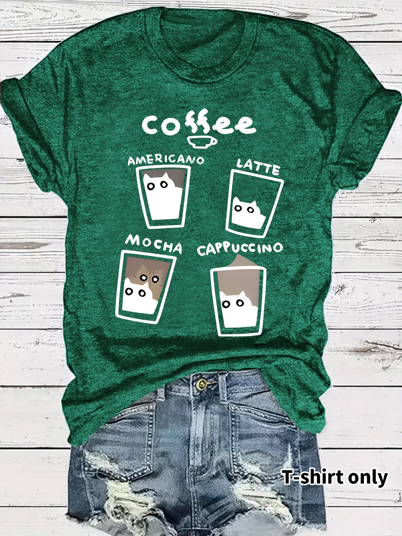 Short sleeved women's t-shirt coffee cup cat pattern print