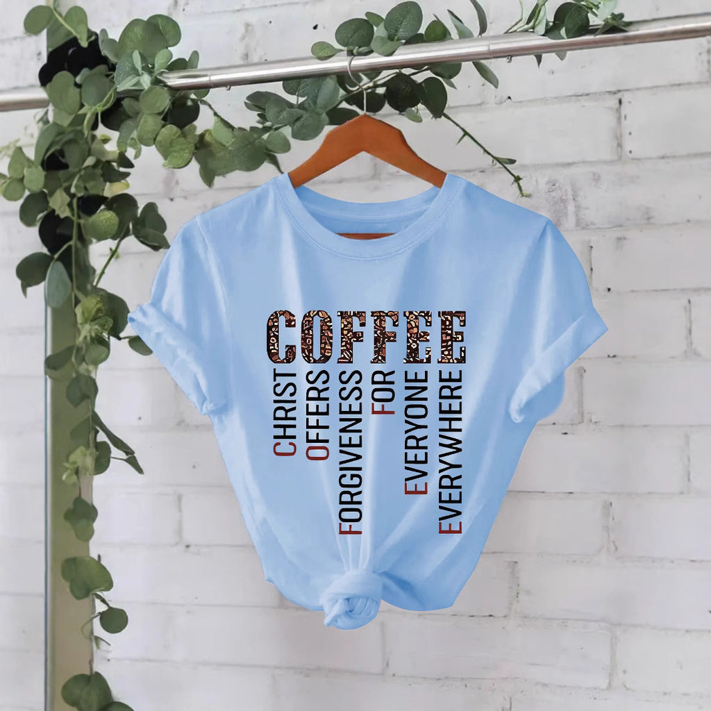 COFFEE printed pure cotton round neck loose short sleeved shirt