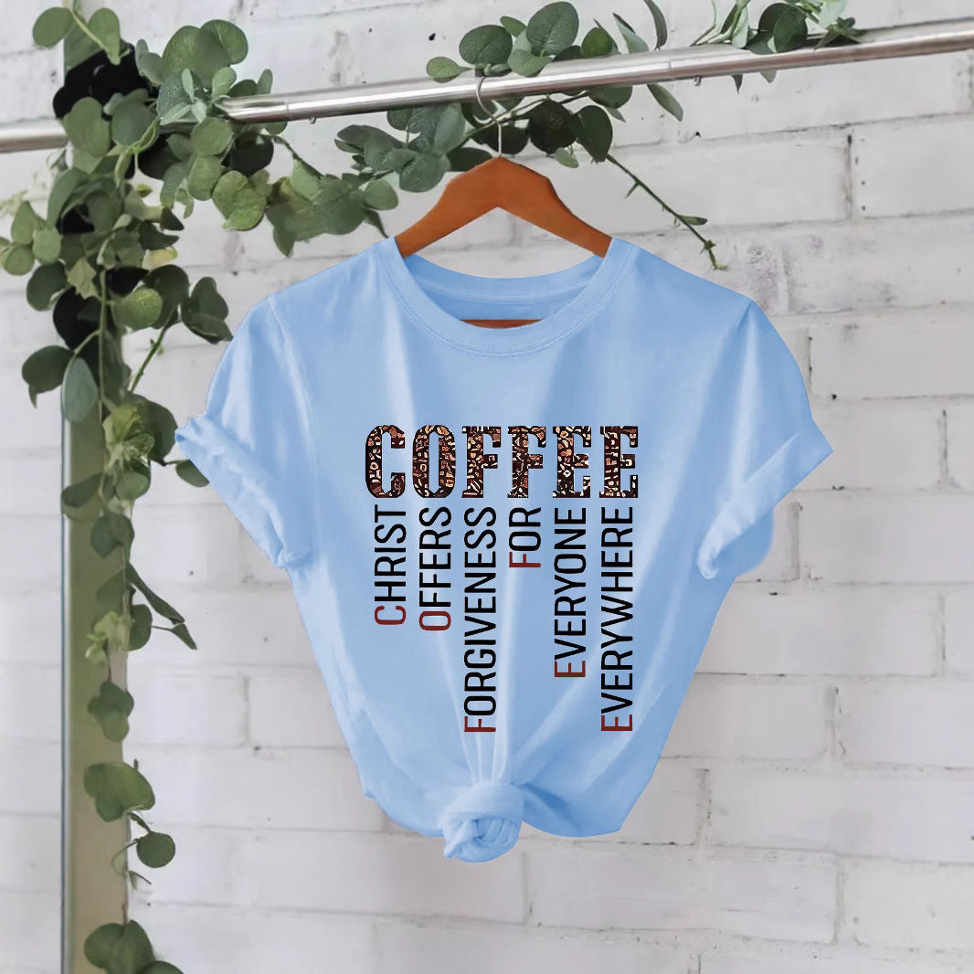 COFFEE printed pure cotton round neck loose short sleeved shirt
