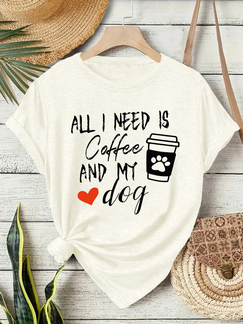 Short sleeved T-shirt with women's coffee and dog pattern round neck short sleeved shirt