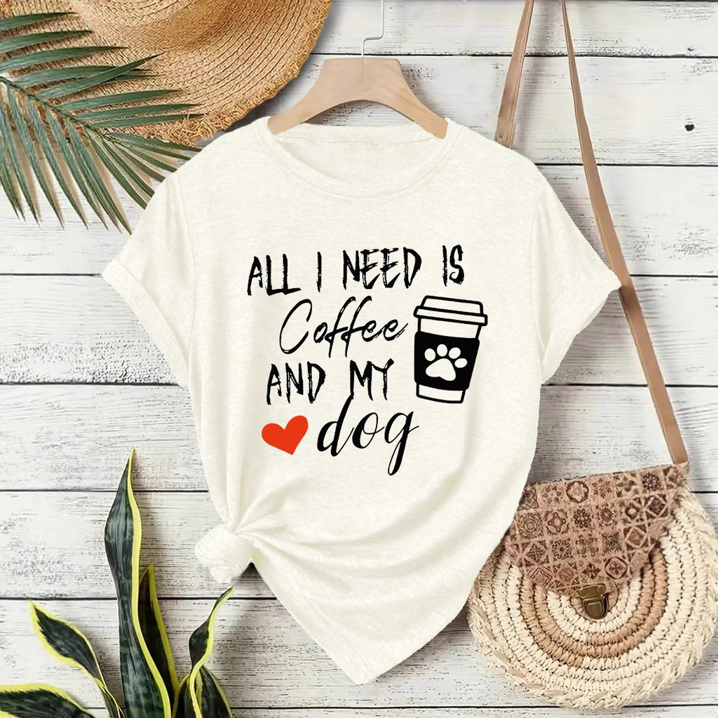 Short sleeved T-shirt with women's coffee and dog pattern round neck short sleeved shirt