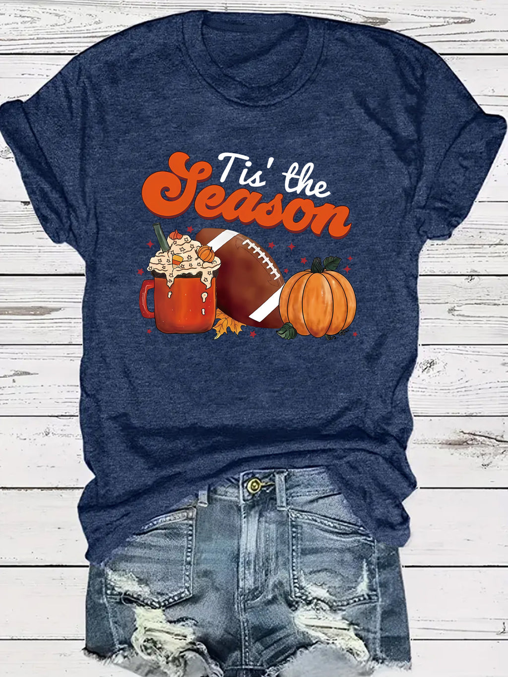 Pumpkin baseball coffee print round neck short sleeved shirt