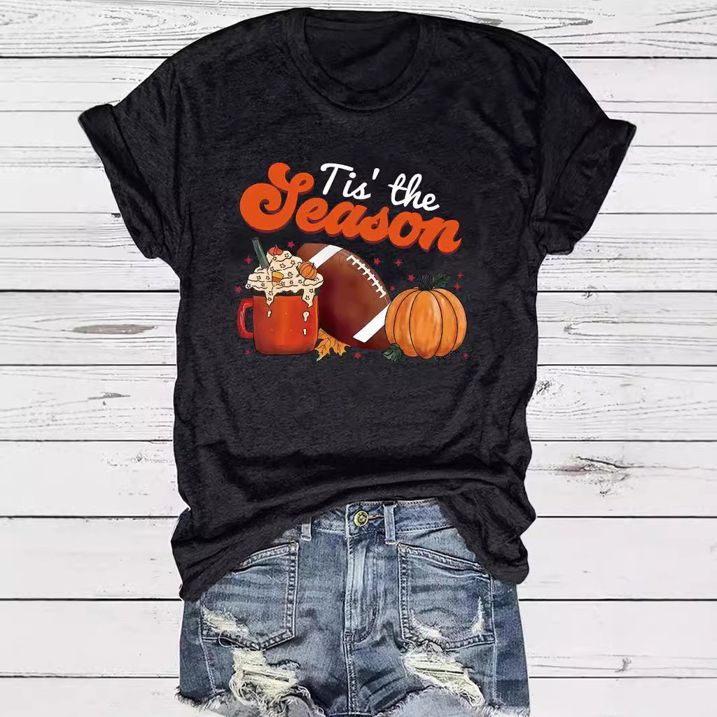 Pumpkin baseball coffee print round neck short sleeved shirt