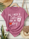Short sleeved T-shirt with women's coffee and dog pattern round neck short sleeved shirt