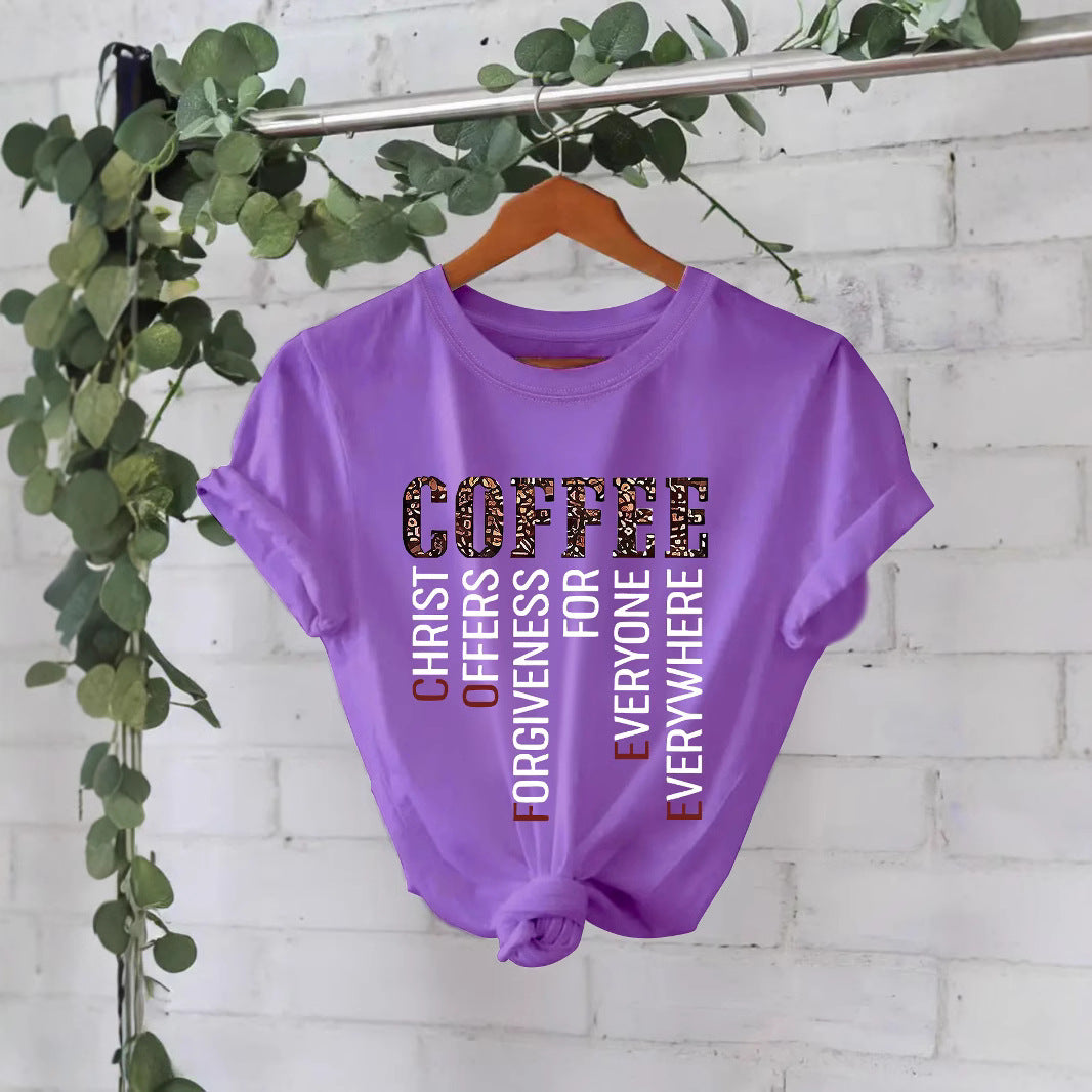 COFFEE printed pure cotton round neck loose short sleeved shirt