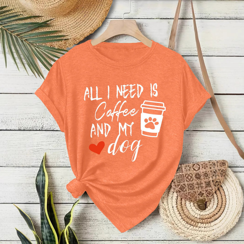 Short sleeved T-shirt with women's coffee and dog pattern round neck short sleeved shirt