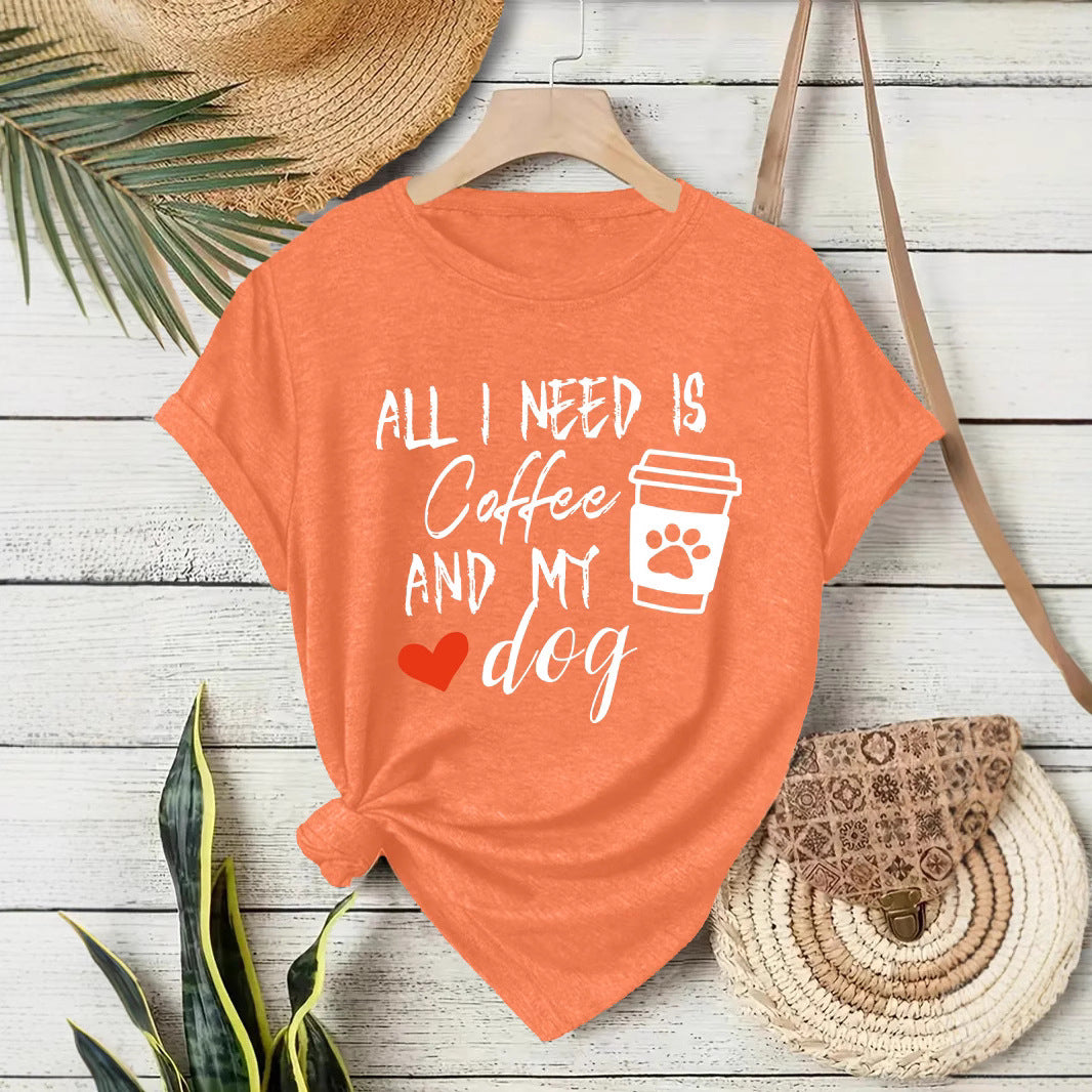 Short sleeved T-shirt with women's coffee and dog pattern round neck short sleeved shirt