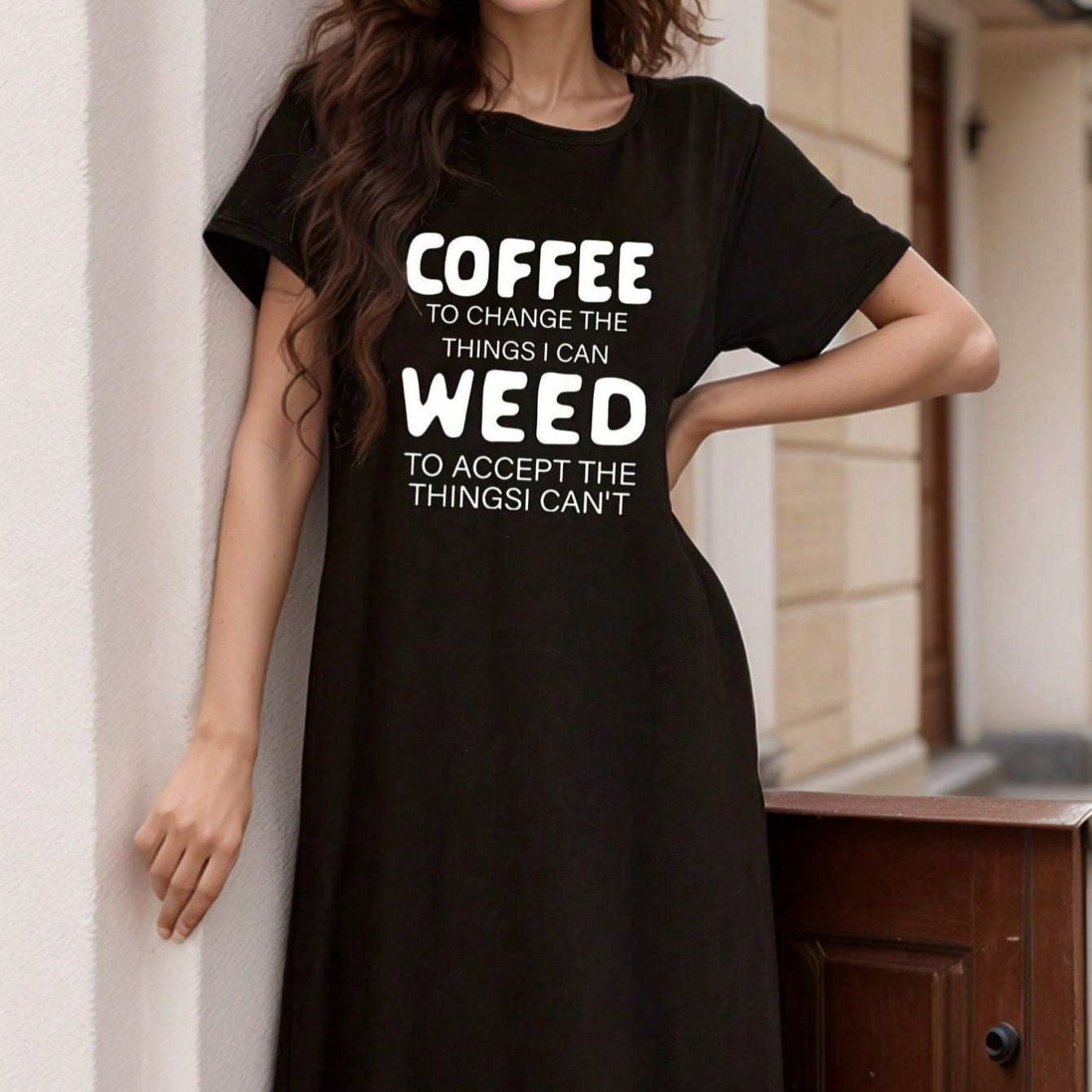 European Women's Fun Coffee Slogan Printed Casual Dress Short Sleeve Round Neck Loose T-Shirt Nightgown Dress