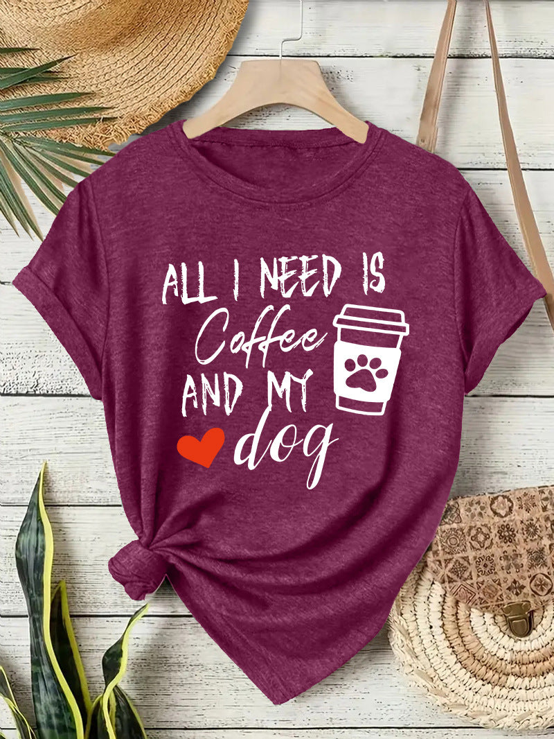 Short sleeved T-shirt with women's coffee and dog pattern round neck short sleeved shirt